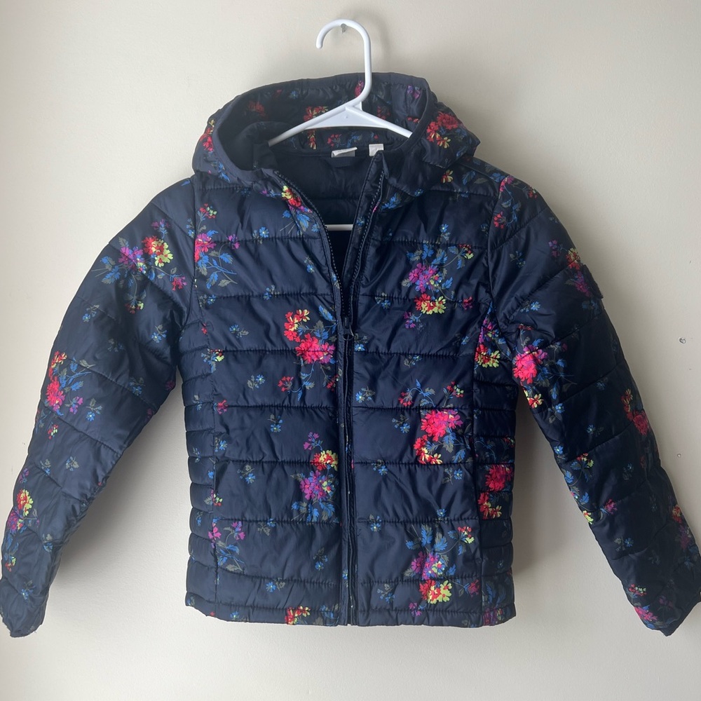 GAP Kids Navy Floral Hooded Puffer Coat Size Medium